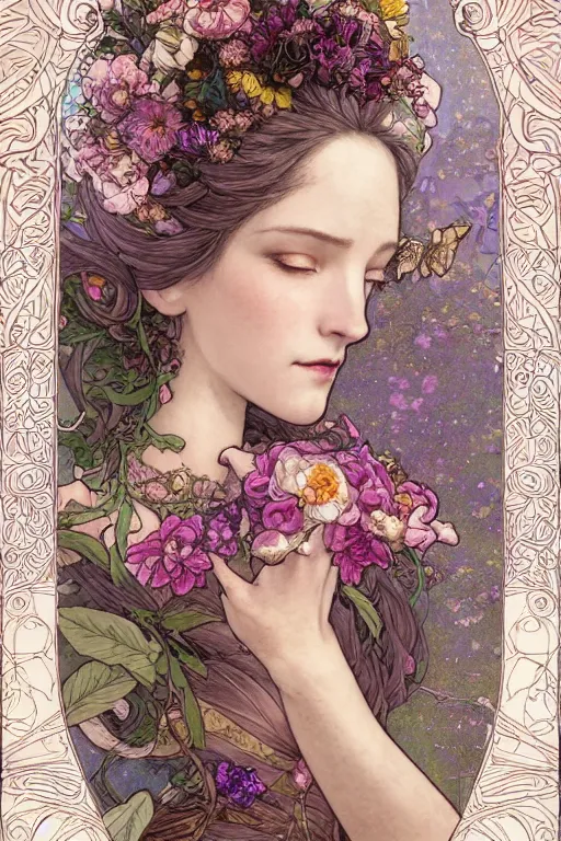 Prompt: full length portrait of a beautiful mysterious fairy with flowery tall headgear, hands hidden by bouquet of flowers, by eve ventrue, artgerm, thomas kinkade, hayao miyazaki. art nouveau. tarot card by mucha. gloomhaven. swirly intricate linework background. gaudy colors, sharp edges. octane render