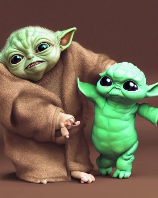 Image similar to Gizmo holding hands with his friend baby Yoda, trending on artstation, Photorealistic