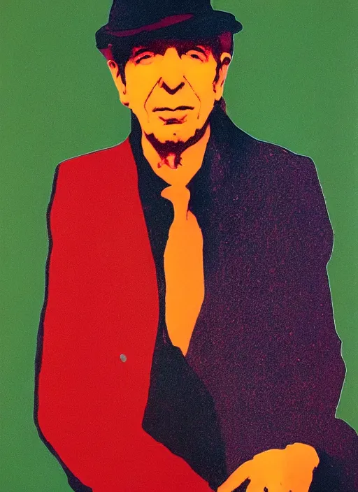 Image similar to Leonard Cohen portrait, By andy warhol