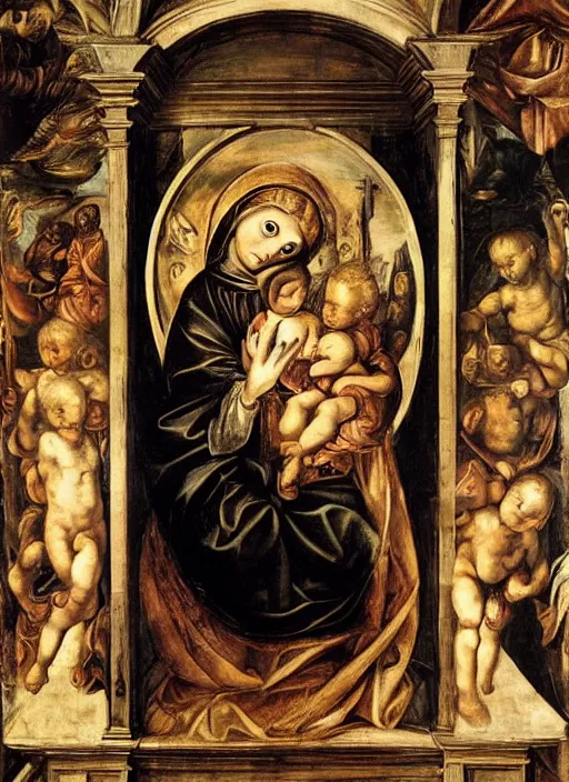 Image similar to the machina madonna and child. transhumanism. a masterpiece by tintoretto.