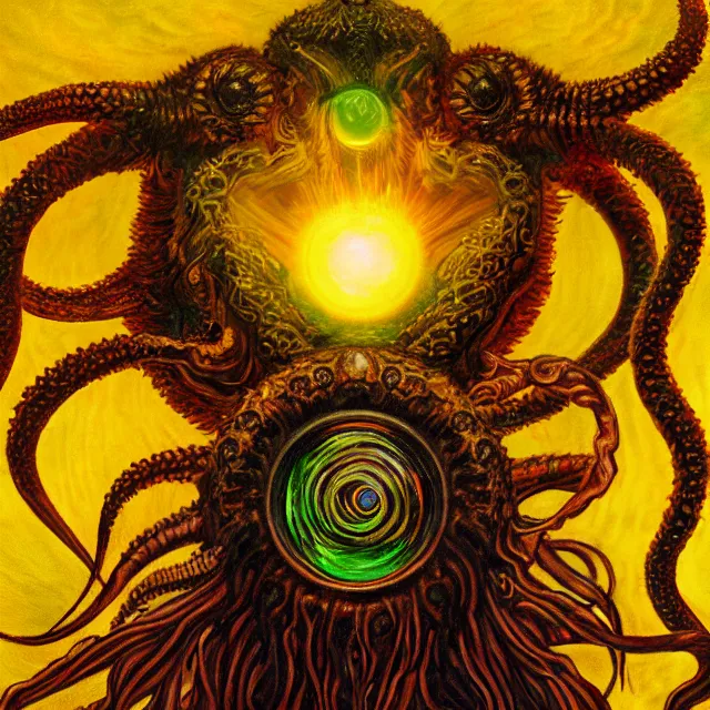 Image similar to angelic ophanim cthulhu mythos covered in eyes tentacles and golden light, oil painting award winning, chromatic aberration sharp colors