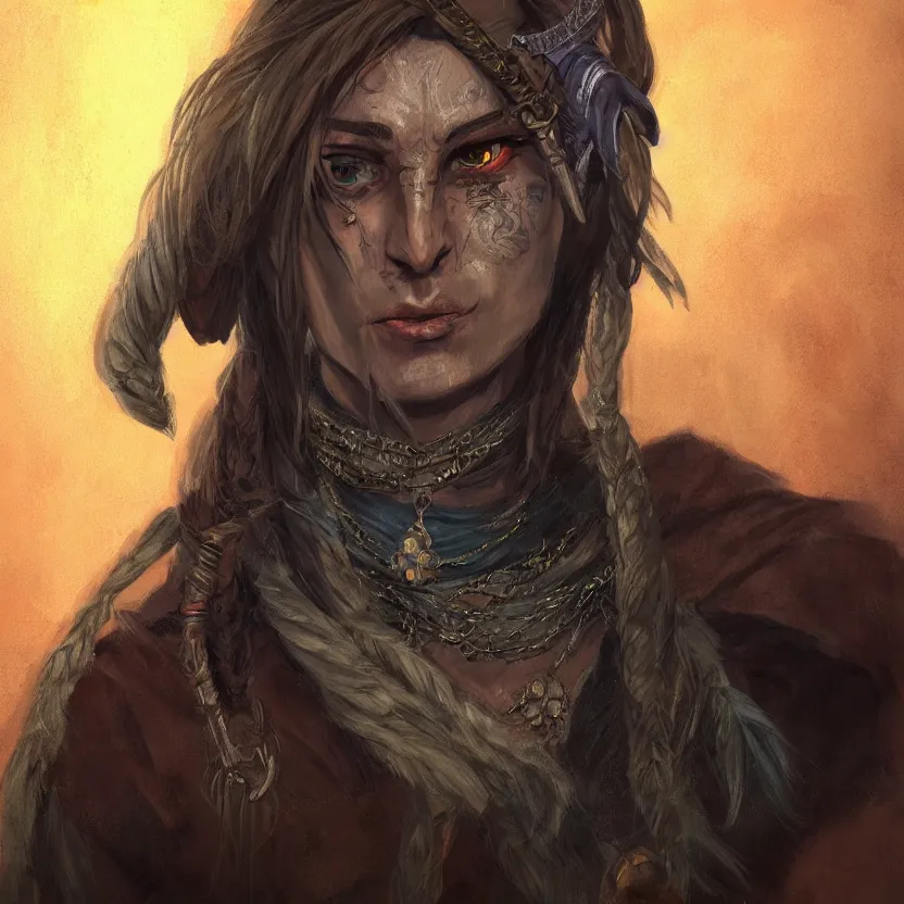 Prompt: an close up oil drawing of a gipsy tiefling in style of witcher, a character portrait by muggur, disco elysium character, featured on deviantart, fantasy art, concept art, official art, hd mod