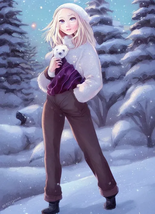 Image similar to award winning beautiful portrait commission art of a female furry anthro polar bear fursona with a cute beautiful attractive detailed feminine furry face wearing a cute stylish winter sweater and pants at a comfy winter cabin at dusk by firelight. Character design by charlie bowater, ross tran, artgerm, and makoto shinkai, detailed, inked, western comic book art