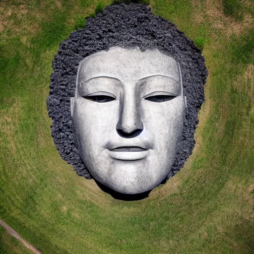 Prompt: gigantic weird concrete head bust in the middle of a field, aerial view, realistic, by origiful, 4 k