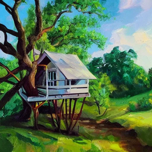 Image similar to treehouse in the countryside on a sunny day, peaceful, dreamy, brush strokes, oil painting