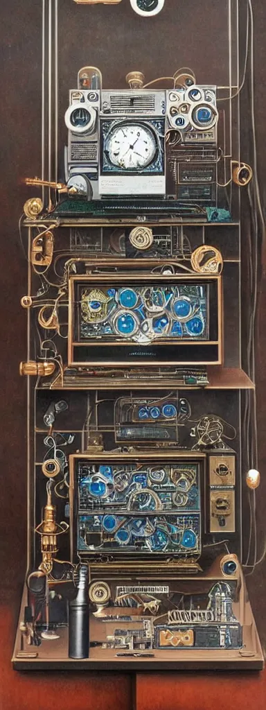 Prompt: An intricate steampunk computer painted by Rene Magritte