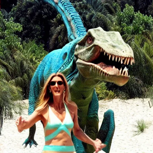 Image similar to celine dion riding a dinosaur at the beach