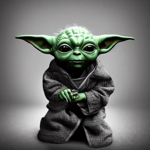 Image similar to full body pose, hyperrealistic photograph of baby yoda dressed as a pimp, dim volumetric lighting, 8 k, octane beautifully detailed render, extremely hyper detailed, intricate, epic composition, cinematic lighting, masterpiece, trending on artstation, very very detailed, stunning, hdr, smooth, sharp focus, high resolution, award, winning photo, dslr, 5 0 mm