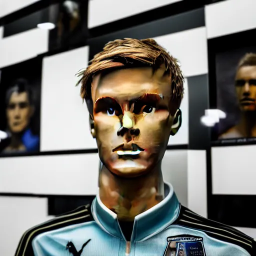 Prompt: a realistic detailed photo of a guy who is an attractive humanoid who is half robot and half humanoid, who is a male android, soccer player martin ødegaard, shiny skin, posing like a statue, blank stare, in a gaming room, on display