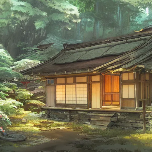 Image similar to concept art painting of a japanese english cottage in the deep woods, cozy, realistic, detailed, cel shaded, in the style of makoto shinkai and greg rutkowski and james gurney