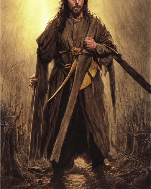 Prompt: Christian bale as Aragorn, by Alan Lee and John howe, at sunset, concept art, detailed clothing, featured on art station, matte painting