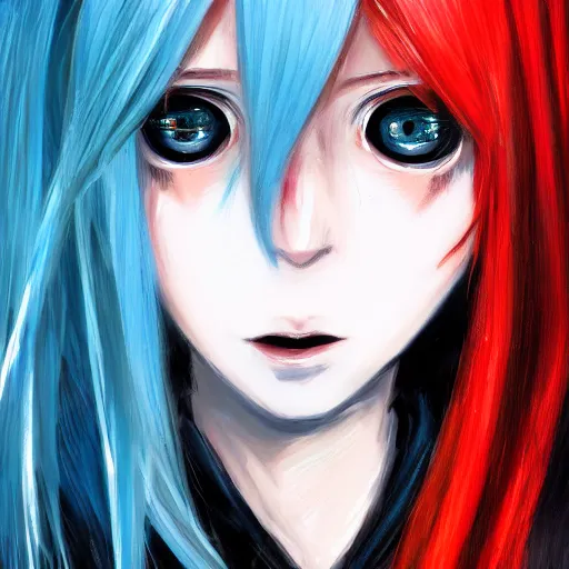 Image similar to full face shot of rimuru tempest, sky blue straight hair, long bangs, amber eyes, wearing a fancy black jacket, high collar, ultra detailed, brush strokes, digital painting, cinematic, wlop artstation, closeup, pixiv, eerie, scary, intimidating, evil, yoshitaka amano, junji ito,