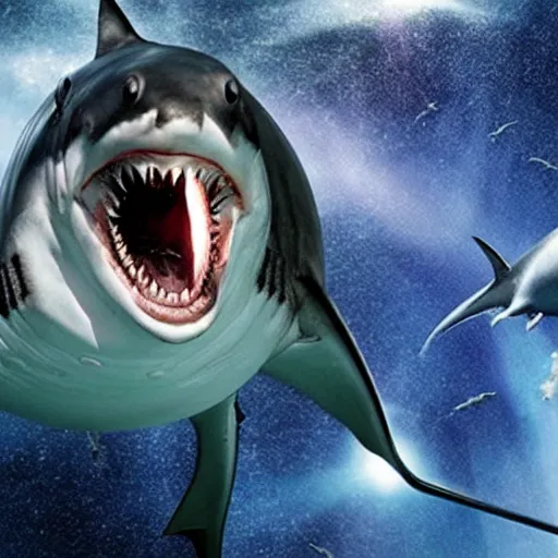 Image similar to Still from the movie Sharknado, in space with angry sharks floating on the left in front of the interstellar space filled with stars, ready to attack the planet earth on the right. Cinematic, technicolor, breathtaking.