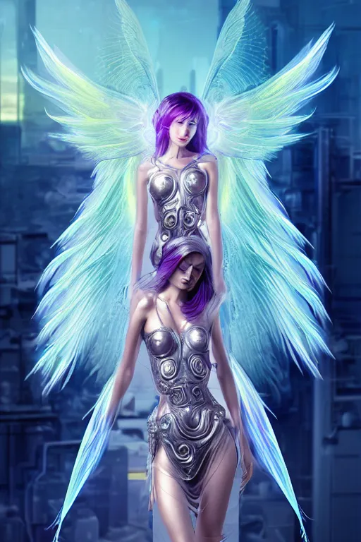 Image similar to portrait futuristic goddess angel Girl with wings and halo and armor and feathers, in future cyberpunk tokyo rooftop , ssci-fi, fantasy, intricate, very very beautiful, elegant, human anatomy, human structure, neon light, highly detailed, digital painting, artstation, concept art, smooth, sharp focus, illustration, art by tian zi and WLOP and alphonse mucha