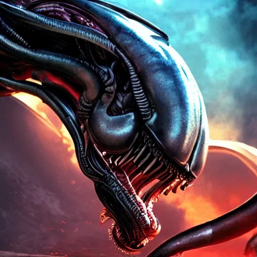 Prompt: portrait of a xenomorph roaring at a predator which has a weapon drawn. movie poster. photo 8 k.