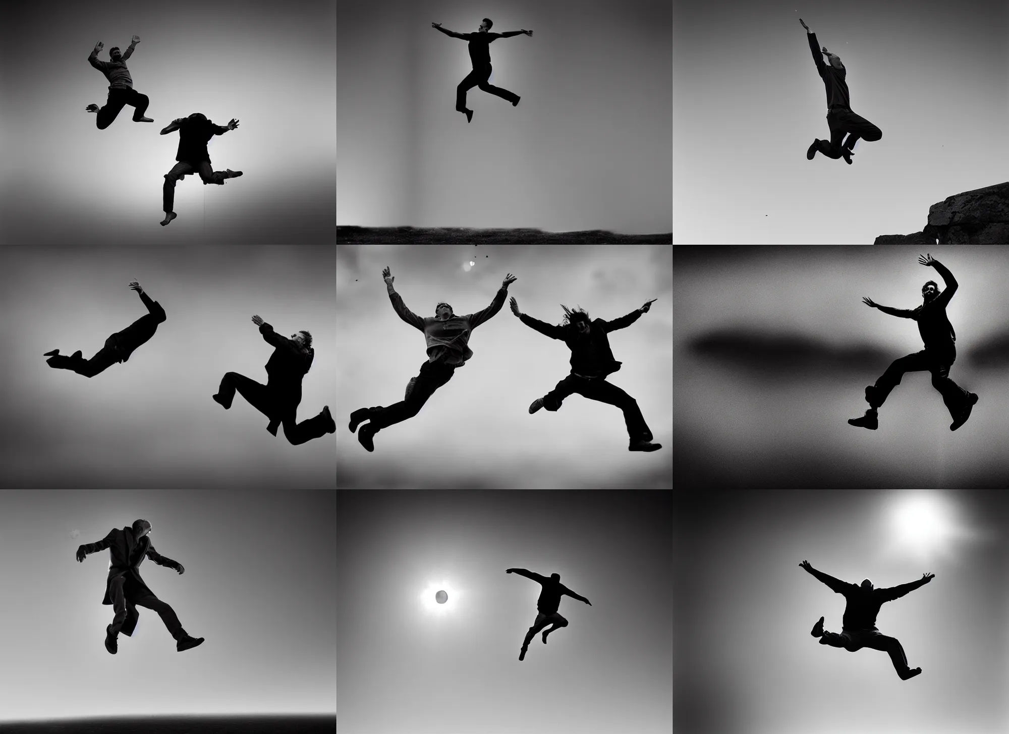 Image similar to Award winning Editorial photo of a man jumping 20 feet into the air during an eclipse Lee Jeffries, 85mm ND 5, perfect lighting, gelatin silver process