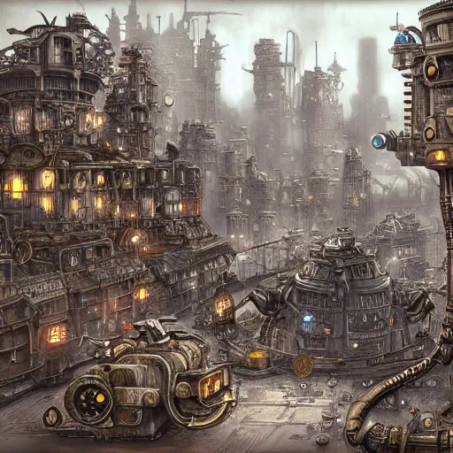 Image similar to robot city, steampunk art, fantasy style, super high detail, super high quality, talented artist, trending on artstation, machinarium