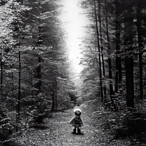 Image similar to photo from 1900s elmo walking in the forest, black and white, blurred