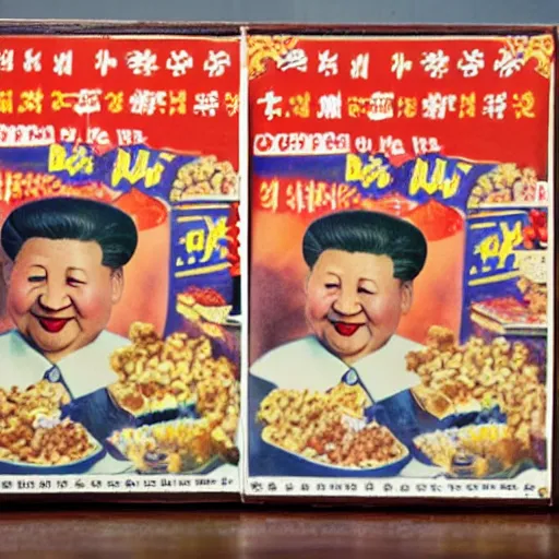 Prompt: vintage cereal box featuring xi jinping