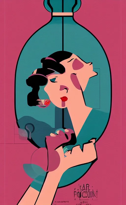 Image similar to illustration with hand holding beautiful bottle of perfume near nose, sniffing the aroma, an art deco painting by tom whalen, trending on behance, art deco, digital illustration, storybook illustration, grainy texture, flat shading, vector art, airbrush, pastel, watercolor, poster