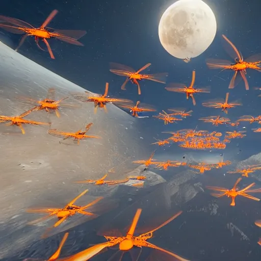 Image similar to a swarm of orange white quadcopters flies among big spherical buildings, moon colonial station, photorealistic, 2 0 2 2