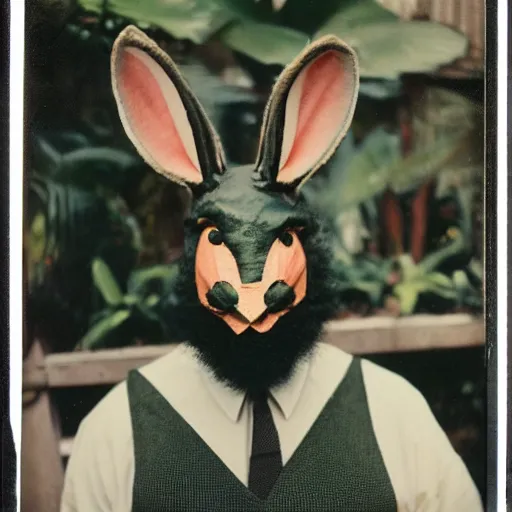 Prompt: grainy head to shoulder portrait Polaroid film photograph of a 1950's man wearing a rabbit mask in a tropical greenhouse. looking at the camera!!. super resolution. Extremely detailed. Polaroid 600 film. by Annie Leibovitz and Richard Avedon