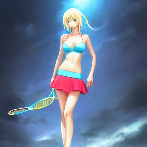 Prompt: full body shot : a very beautiful young blond tennis anime girl, most popular girl sky blue eyes,, bikini, miniskirt, highly detailed, cinematic wallpaper by stanley artgerm lau