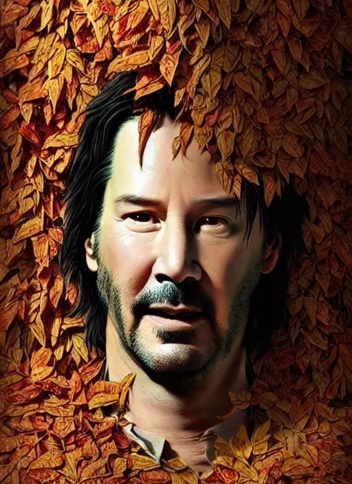 Image similar to highly detailed comedy caper movie poster with silly wacky zany keanu reeves as a sentient pile of leaves, keanu reeves green face as tree sentient leafy bush, falling through a leafy mind chasm by greg rutkowski, masterpiece, really funny, 1 0 / 1 0 comedy