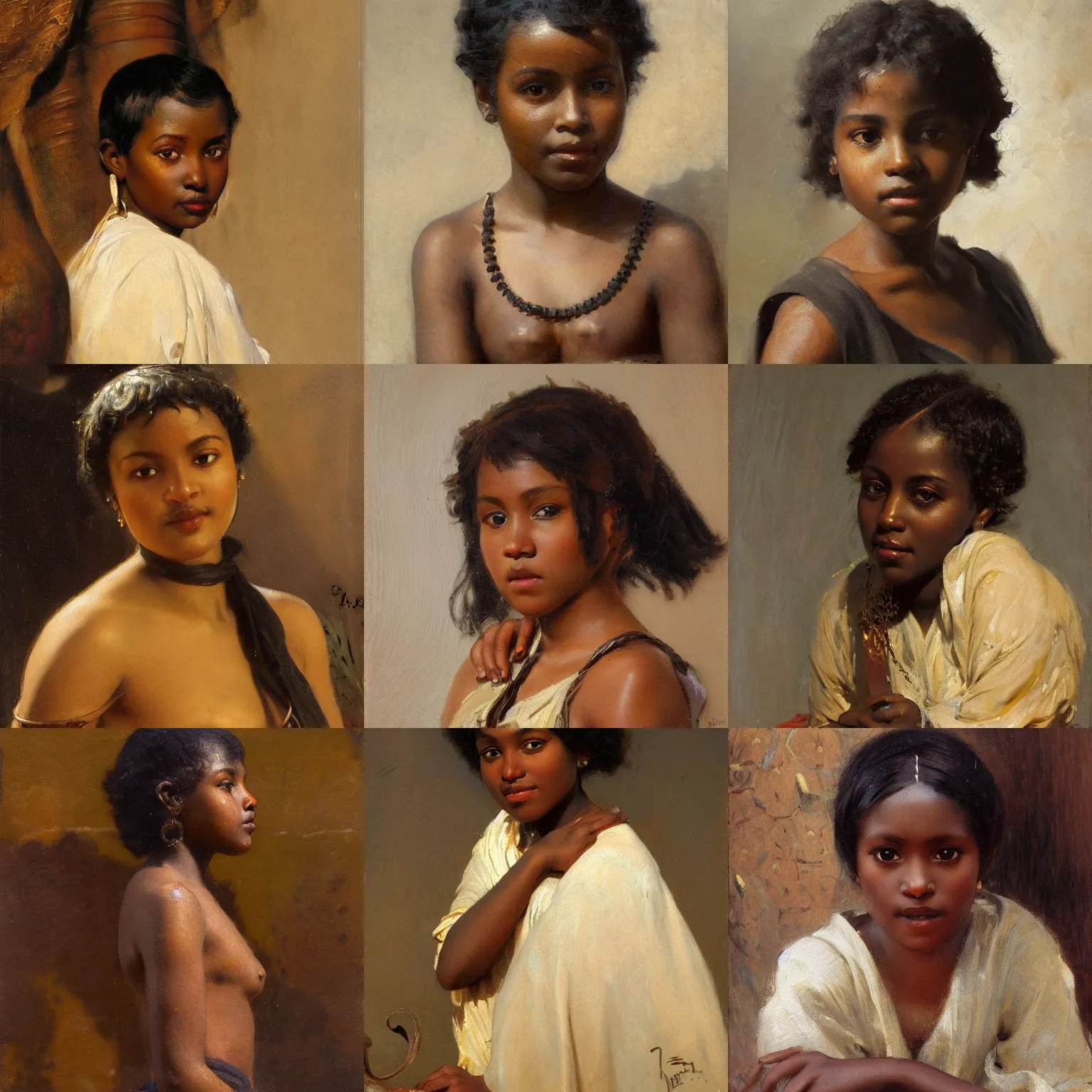 Prompt: cute black young woman with short natural hair orientalism face detail by theodore ralli and nasreddine dinet and anders zorn and edwin longsden long, bronze age, sword and sorcery, oil on canvas, masterful intricate artwork, excellent lighting, high detail 8 k