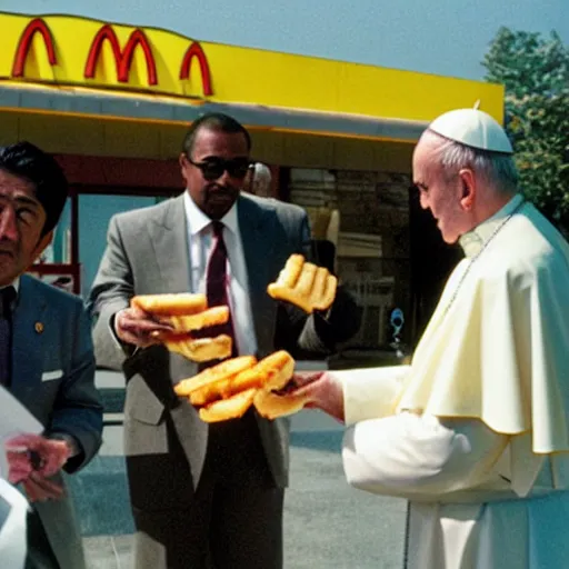 Prompt: big smoke from gta eating mc donalds with the pope and shinzo abe, photo by slim aarons, award winning