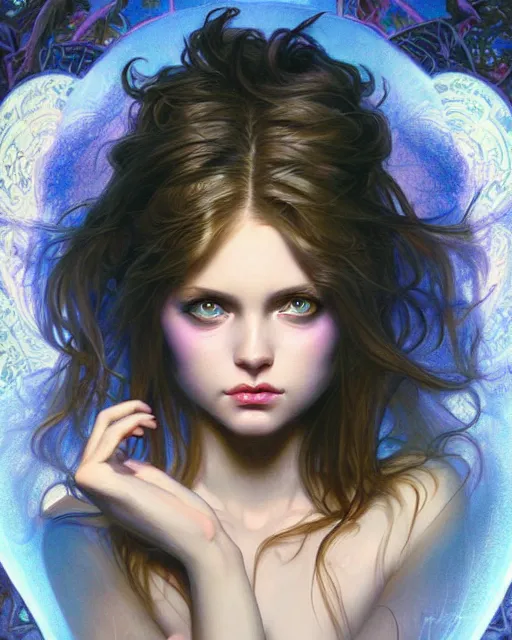 Prompt: portrait of demon girl, dreamy and ethereal, expressive pose, big blue eyes, exciting expression, fantasy, intricate, elegant, psychedelic smoke, highly detailed, digital painting, artstation, concept art, smooth, sharp focus, illustration, art by artgerm and greg rutkowskiand alphonse mucha