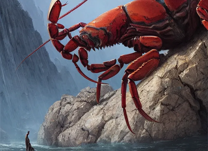 Prompt: a giant dull colored crustacean lobster crab monster with huge claws in a rocky chasm. a man stands in the distance dreamy fantasy art by greg rutkowski