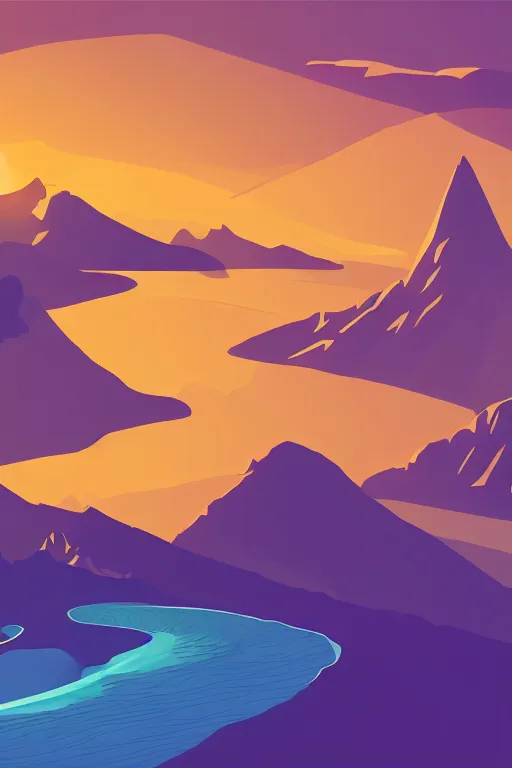 Image similar to sunrise mountain water vector illustration digital art by james gilleard trending on artstation