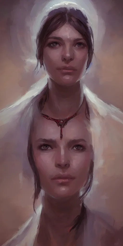 Prompt: beautiful female priestess girl face, portrait, by greg rutkowski, by noah bradley, solo