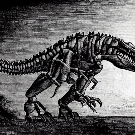 Image similar to leonardo da vinci's technical sketch of a robotic dinosaur, highly detailed