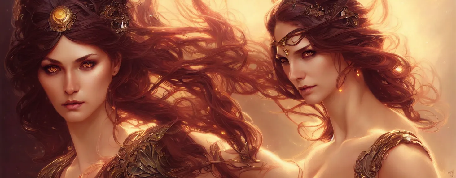 Image similar to fantasy magic woman portrait, sci-fi, amber eyes, face, long hair, fantasy, intricate, elegant, highly detailed, digital painting, artstation, concept art, smooth, sharp focus, illustration, art by artgerm and greg rutkowski and alphonse mucha