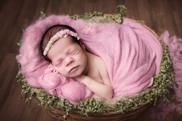 Image similar to beautiful sleeping newborn chubby baby girl wrapped in pink blanket inside a wooden basket on top of flowers and a furry pink carpet, newborn photography style, photographic, ultra realistic, highly detailed, octane render