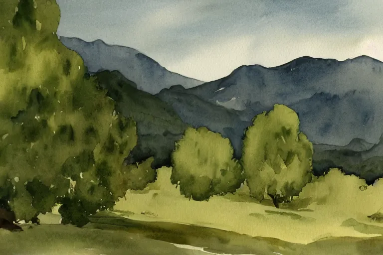 Image similar to green landscape with trees and mountains in the distance, watercolor