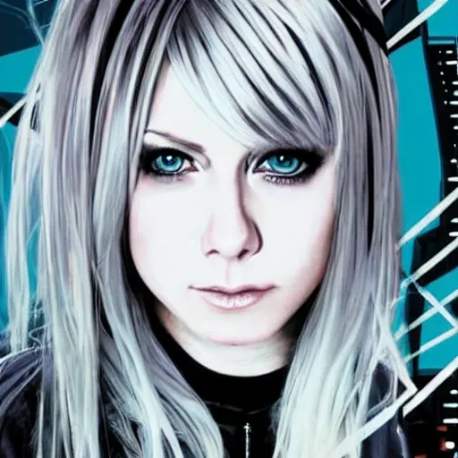 Prompt: Avril Lavigne with short white fringe. grey eyes. Sitting on a rooftop ledge overlooking a cyberpunk city skyline. Album art. In the style of Aeon Flux.