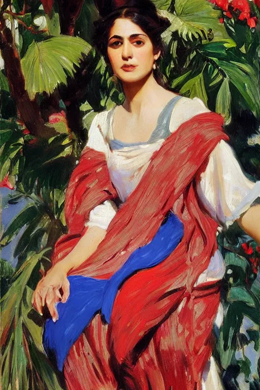 Prompt: portrait of persian girl with arabesque red and blue detailed scarf near bougainvillea and mexican fan palms, painting by john singer sargent