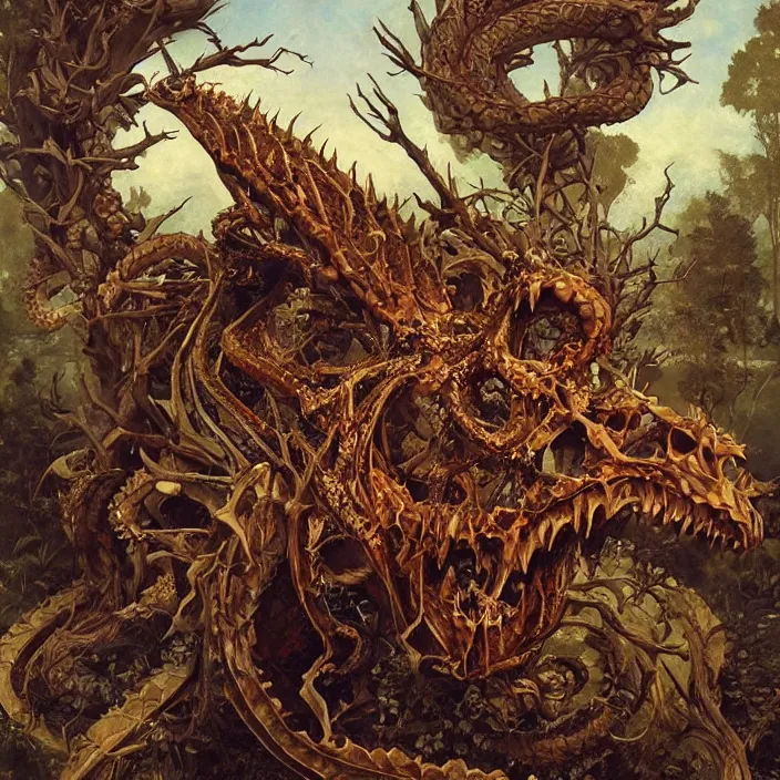 Prompt: portrait of a dragon skeleton, a wreath of thorns, snakes, smoke, flames, full-length, oil painting in a renaissance style , very detailed, haunted background, painted by Caravaggio, Greg rutkowski, Sachin Teng, Thomas Kindkade, Alphonse Mucha, Norman Rockwell, Tom Bagshaw