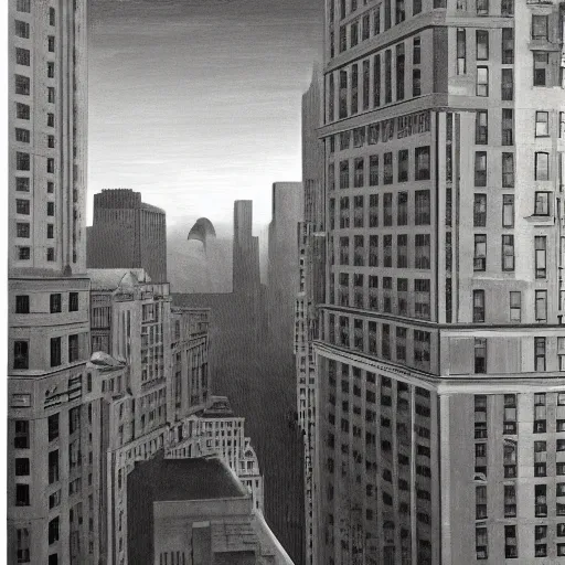 Prompt: muted color ultra realistic painting of a balcony view of 1 9 2 5 boston downtown at night, the sky is distorted and broken like a smashed mirror, dark, brooding, night, atmospheric, ultra - realistic, smooth, highly detailed in the style of clyde caldwell