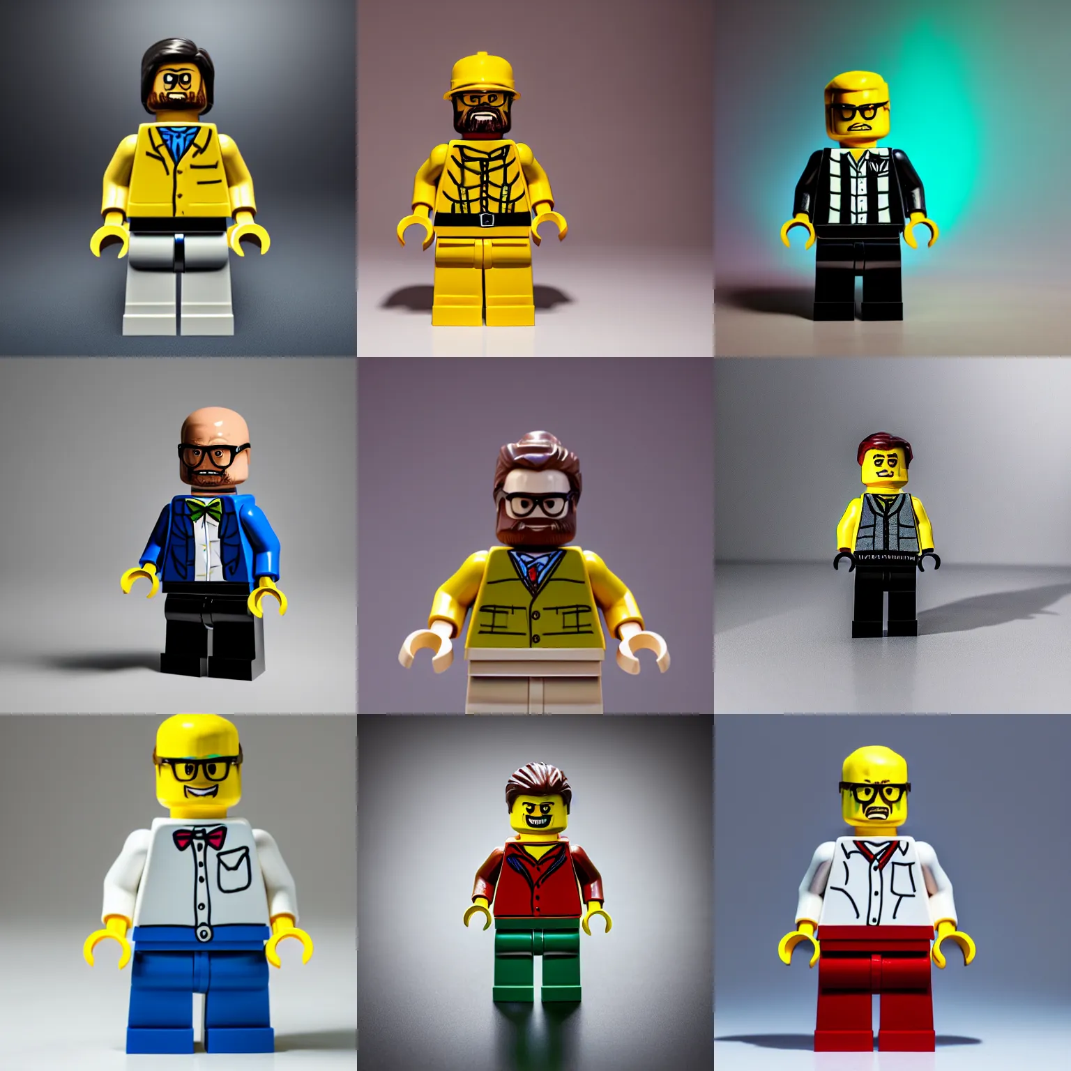 Prompt: a lego minifig of walter white. studio lighting, studio photography