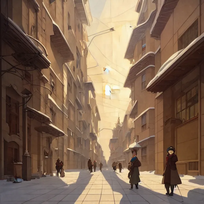 Prompt: empty italian big city, winter, in the style of studio ghibli, j. c. leyendecker, greg rutkowski, artem