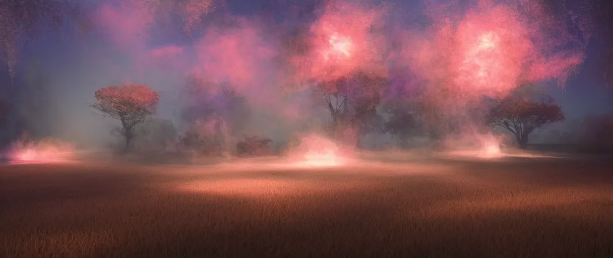 Image similar to dream landscape, simulation, volumetric object, physical particles, translucence, cinematic lighting, iridescence, by ash thorpe