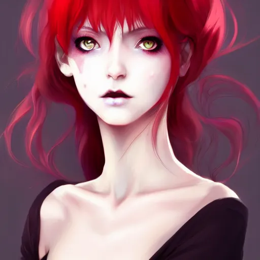 Prompt: facial portrait of a young pretty anime woman, long red hair, dark eyes, gothic eyeliner, character concept art, headshot, Charlie Bowater, Anna Dittmann, WLOP, Rumiko Takahashi, Akihiko Yoshida, Hyung-tae Kim, alexander mcqueen, trending on Artstation