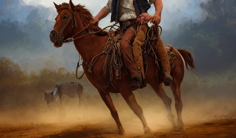 Image similar to cowboy ridding on horse to town in the old west, sharp focus, intricate, elegant, digital painting, artstation, matte, highly detailed, concept art, illustration, volumetric lighting, bokeh light, art by greg olsen and liz lemon swindle