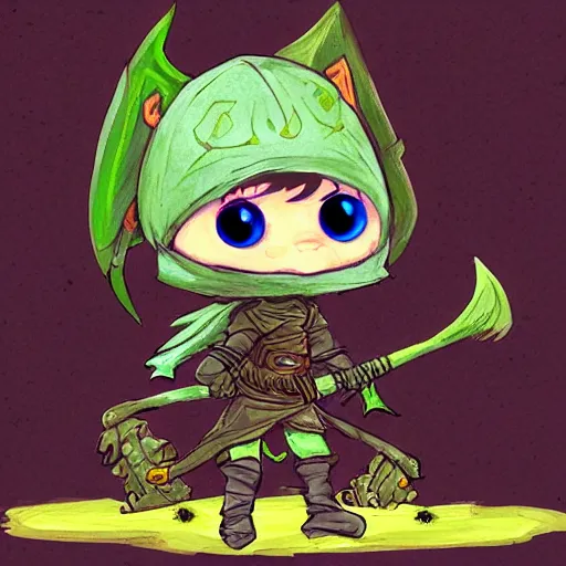 Image similar to cute tiny goblin girl with green skin wearing hunter armor from Bloodborne and a wizard hat, d&d, digital art, picrew