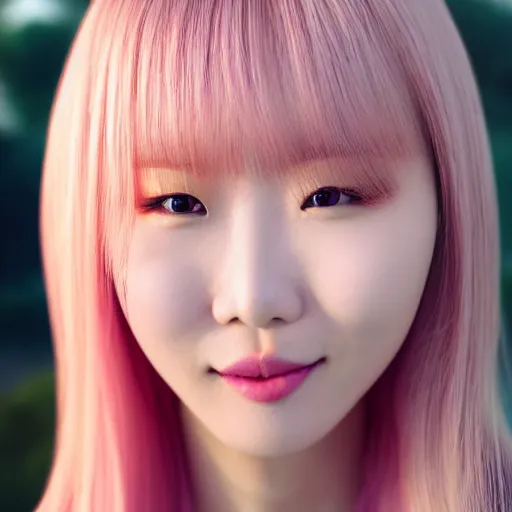 Image similar to beautiful hyperrealism selfie of nikki 苏 暖 暖 from shining nikki, a cute 3 d young woman smiling sofly, long light pink hair and full bangs, flushed face, blushing, small heart - shaped face, soft features, amber eyes, chinese heritage, golden hour, 8 k, sharp focus, instagram