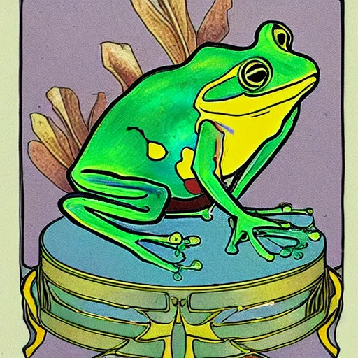 Prompt: art nouveau frog drinking absinthe on a spaceship